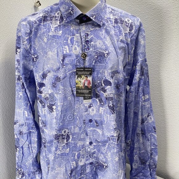 Au Noir Men’s Mirabeau Grid Pattern Button-Up Shirt  Light Blue - Picture 1 of 15